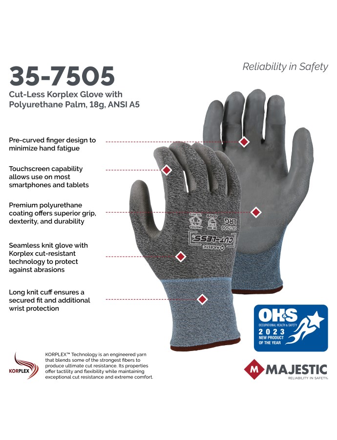 Cut-Less Korplex Glove with Polyurethane Palm, 18g, ANSI A5